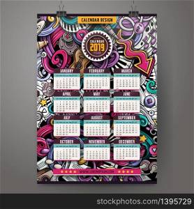 Cartoon colorful hand drawn doodles Musical 2019 year calendar template. English, Sunday start. Very detailed, with lots of objects illustration. Funny vector artwork.. Cartoon colorful hand drawn doodles Musical 2019 year calendar template