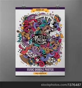 Cartoon colorful hand drawn doodles musical poster template. Very detailed, with lots of music objects illustration. Funny vector artwork. Corporate identity design.. Cartoon hand-drawn doodles Musical poster