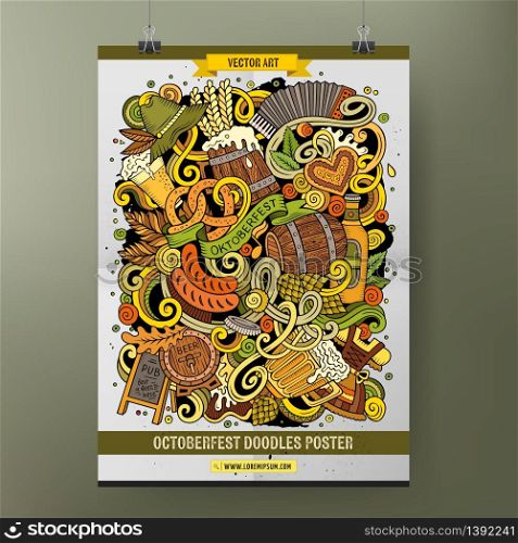 Cartoon colorful hand drawn doodles Oktoberfest poster template. Very detailed, with lots of objects illustration. Funny vector artwork. Corporate identity design. Cartoon colorful hand drawn doodles Oktoberfest poster template.