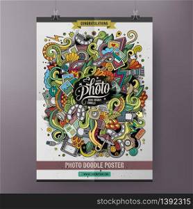 Cartoon colorful hand drawn doodles Photo poster template. Very detailed, with lots of objects illustration. Funny vector artwork. Corporate identity design.. Cartoon colorful hand drawn doodles Photo poster template