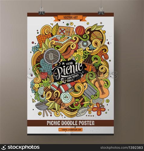 Cartoon colorful hand drawn doodles picnic poster template. Very detailed, with lots of objects illustration. Funny vector artwork. Corporate identity design.. Cartoon doodles picnic poster