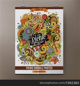 Cartoon colorful hand drawn doodles picnic poster template. Very detailed, with lots of objects illustration. Funny vector artwork. Corporate identity design.. Cartoon doodles picnic poster