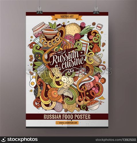 Cartoon colorful hand drawn doodles Russian food poster template. Very detailed, with lots of objects illustration. Funny vector artwork. Corporate identity design.. Cartoon doodles Russian food poster