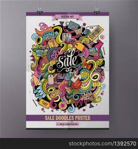 Cartoon colorful hand drawn doodles Sale poster template. Very detailed, with lots of objects illustration. Funny vector artwork. Corporate identity design.. Cartoon doodles Sale poster