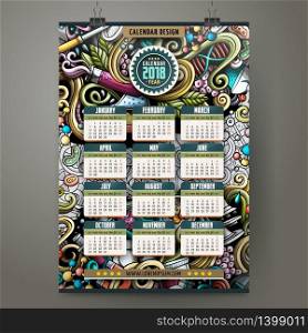 Cartoon colorful hand drawn doodles Science 2018 year calendar template. English, Sunday start. Very detailed, with lots of objects illustration. Funny vector artwork.. Cartoon doodles Science 2018 year calendar