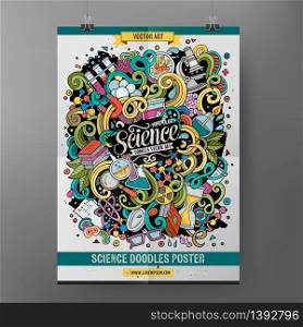 Cartoon colorful hand drawn doodles Science poster template. Very detailed, with lots of objects illustration. Funny vector artwork. Corporate identity design. Cartoon colorful hand drawn doodles Science poster template