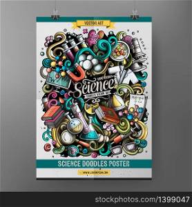 Cartoon colorful hand drawn doodles Science poster template. Very detailed, with lots of objects illustration. Funny vector artwork. Corporate identity design. Cartoon colorful hand drawn doodles Science poster template