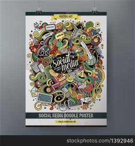 Cartoon colorful hand drawn doodles Social poster template. Very detailed, with lots of objects illustration. Funny vector artwork. Corporate identity design.. Cartoon hand drawn doodles Social poster template