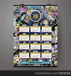 Cartoon colorful hand drawn doodles Space 2018 year calendar template. English, Sunday start. Very detailed, with lots of objects illustration. Funny vector artwork.. Cartoon colorful hand drawn doodles Space 2018 year calendar