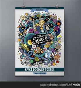 Cartoon colorful hand drawn doodles space poster template. Very detailed, with lots of objects illustration. Funny vector artwork. Corporate identity design.. Cartoon cute doodles hand drawn space poster