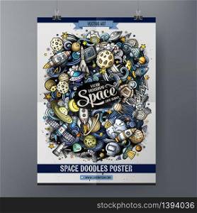 Cartoon colorful hand drawn doodles Space poster template. Very detailed, with lots of objects illustration. Funny vector artwork. Corporate identity design. Cartoon colorful hand drawn doodles Space poster