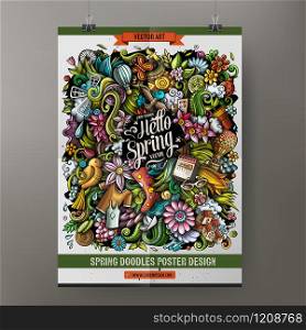 Cartoon colorful hand drawn doodles Spring poster template. Very detailed, with lots of objects illustration. Funny vector artwork. Cartoon colorful hand drawn doodles Spring poster