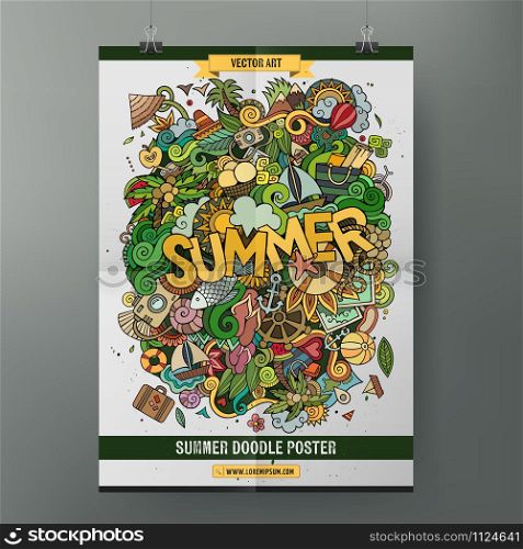 Cartoon colorful hand drawn doodles Summer poster template. Very detailed, with lots of objects illustration. Funny vector artwork. Corporate identity design. Cartoon vector doodles summer poster