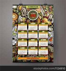 Cartoon colorful hand drawn doodles Tea time 2018 year calendar template. English, Sunday start. Very detailed, with lots of objects illustration. Funny vector artwork.. Cartoon colorful hand drawn doodles Tea time 2018 year calendar