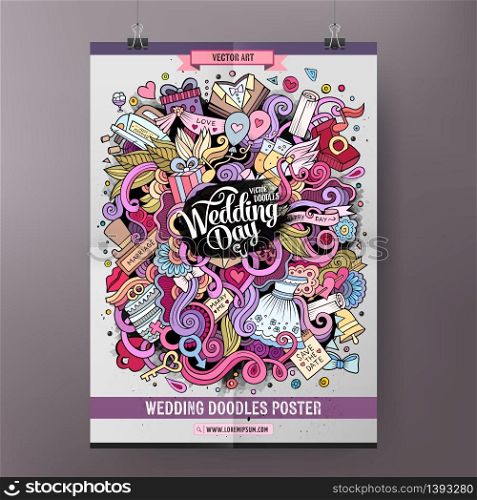 Cartoon colorful hand drawn doodles Wedding poster template. Very detailed, with lots of objects illustration. Funny vector artwork. Corporate identity design. Cartoon doodles Wedding poster