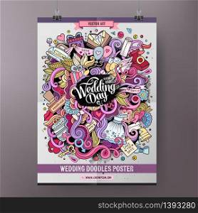 Cartoon colorful hand drawn doodles Wedding poster template. Very detailed, with lots of objects illustration. Funny vector artwork. Corporate identity design. Cartoon doodles Wedding poster