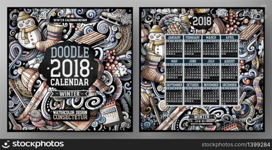 Cartoon colorful hand drawn doodles Winter 2018 year calendar template. English, Sunday start. Illustration with lots of elements. All objects are separated. Cartoon colorful hand drawn doodles Winter 2018 year calendar template