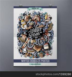 Cartoon colorful hand drawn doodles Winter poster template. Very detailed illustration. Funny vector artwork. Corporate identity design. All items are separate.. Cartoon colorful hand drawn doodles Winter poster template