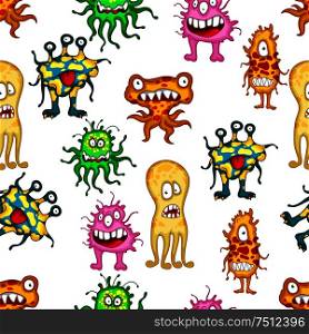 Cartoon colorful monsters and aliens with frightening expressions in a seamless background pattern. Cartoon colorful monsters and aliens