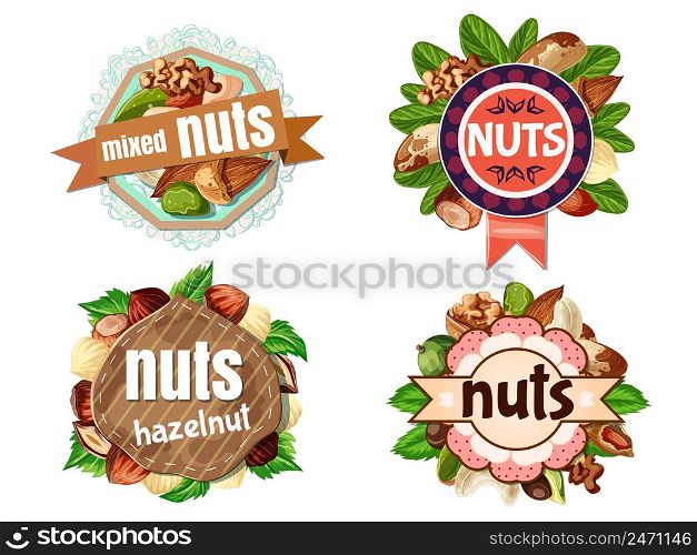 Cartoon colorful nuts labels set with walnut almond peanut cashew hazelnut macadamia brazil nuts isolated vector illustration. Cartoon Colorful Nuts Labels Set
