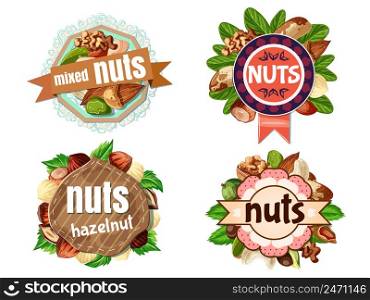 Cartoon colorful nuts labels set with walnut almond peanut cashew hazelnut macadamia brazil nuts isolated vector illustration. Cartoon Colorful Nuts Labels Set
