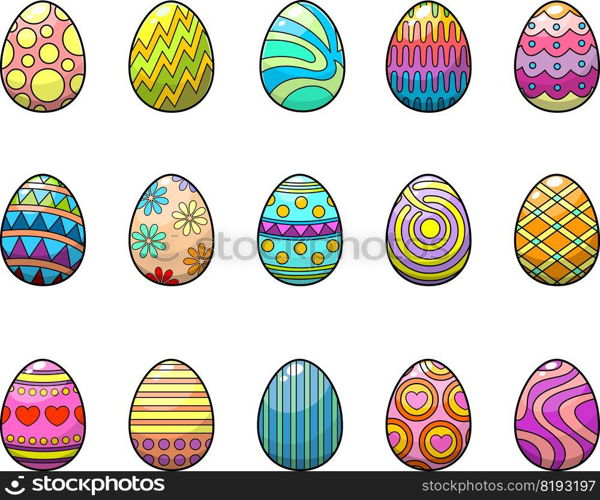 Cartoon Colorful Painted Easter Eggs. Vector Hand Drawn Collection Set Isolated On Transparent Background