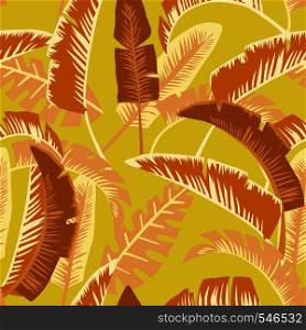 Cartoon colorful palm banana leaves abstract color seamless orange yellow background flat style. Bright natural botanical wallpaper