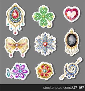 Cartoon colorful paper brooches set of different shapes with gems and jewels isolated vector illustration. Cartoon Colorful Paper Brooches Set
