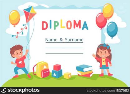 Cartoon colorful preschool or school child diploma template vector graphic illustration. Kid certificate with colored boy and girl characters with balloons, books and toys at blue sky background. Cartoon colorful preschool or school child diploma template vector graphic illustration