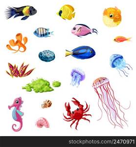 Cartoon colorful sea life set with different fishes seahorse jellyfishes crab shells corals seaweeds plants isolated vector illustration . Cartoon Colorful Sea Life Set
