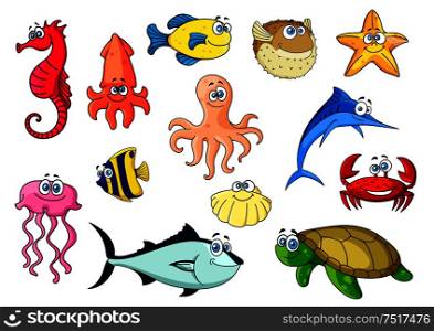 Cartoon colorful tropical fishes, sea turtle and shell, crab and octopus, starfish and squid, red seahorse and pink jellyfish, blue marlin and tuna. Sea animals characters for mascot, zoo aquarium or nature design usage . Cartoon sea animals for underwater wildlife design