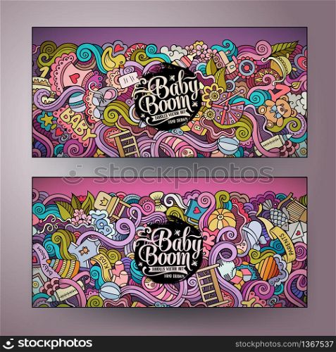 Cartoon colorful vector hand drawn doodles baby boom corporate identity. 2 Horizontal banners design. Templates set. Cartoon vector doodles baby boom banners