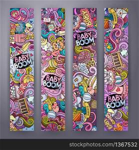 Cartoon colorful vector hand drawn doodles baby boom corporate identity. 4 vertical banners design. Templates set. Cartoon vector doodles baby boom banners