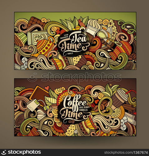 Cartoon colorful vector hand drawn doodles cafe corporate identity. 2 Horizontal banners design. Templates set. Cartoon colorful vector doodles cafe banners