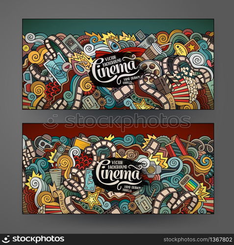 Cartoon colorful vector hand drawn doodles cinema corporate identity. 2 Horizontal banners design. Templates set. Cartoon vector doodles cinema banners