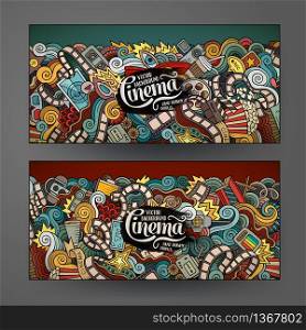 Cartoon colorful vector hand drawn doodles cinema corporate identity. 2 Horizontal banners design. Templates set. Cartoon vector doodles cinema banners