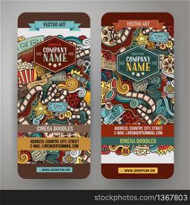 Cartoon colorful vector hand drawn doodles cinema corporate identity. 2 vertical banners design. Templates set. Cartoon vector doodles cinema banners