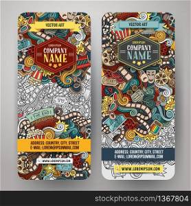 Cartoon colorful vector hand drawn doodles cinema corporate identity. 2 vertical banners design. Templates set. Cartoon vector doodles cinema banners