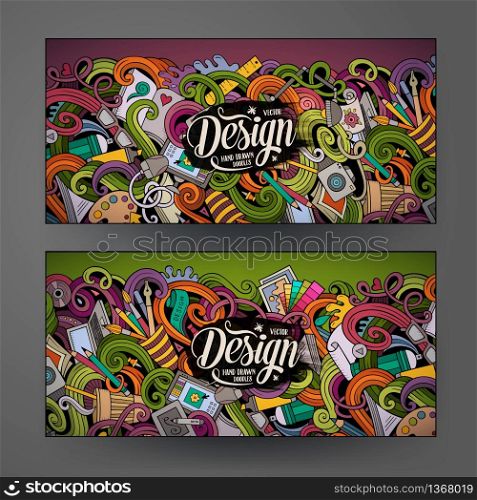 Cartoon colorful vector hand drawn doodles design artistic corporate identity. 2 Horizontal banners design. Templates set. Cartoon colorful vector doodles design banners