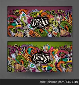 Cartoon colorful vector hand drawn doodles design artistic corporate identity. 2 Horizontal banners design. Templates set. Cartoon colorful vector doodles design banners