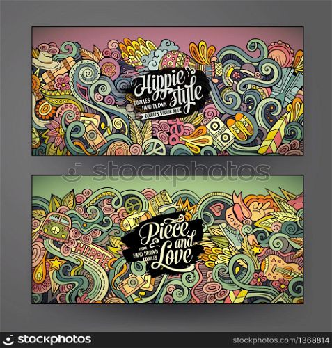 Cartoon colorful vector hand drawn doodles hippie corporate identity. 2 Horizontal banners design. Templates set. Cartoon vector doodles hippie banners