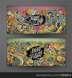 Cartoon colorful vector hand drawn doodles hippie corporate identity. 2 Horizontal banners design. Templates set. Cartoon vector doodles hippie banners