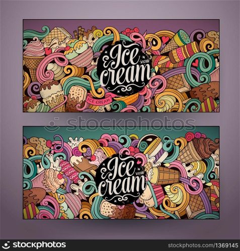 Cartoon colorful vector hand drawn doodles ice cream corporate identity. 2 Horizontal banners design. Templates set. Cartoon line art vector doodles ice cream banners