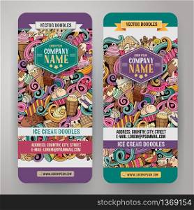 Cartoon colorful vector hand drawn doodles ice cream corporate identity. 2 vertical banners design. Templates set. Cartoon vector doodles ice cream banners