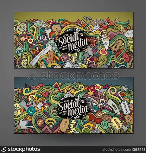 Cartoon colorful vector hand drawn doodles internet corporate identity. 2 Horizontal banners design. Templates set. Cartoon vector doodles internet banners