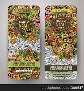 Cartoon colorful vector hand drawn doodles Japan food corporate identity. 2 vertical banners design. Templates set. Cartoon doodles japanese food banners