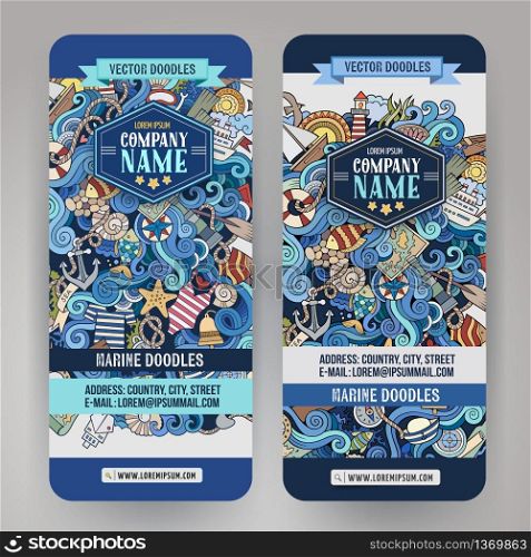 Cartoon colorful vector hand drawn doodles marine corporate identity. 2 vertical banners design. Templates set. Cartoon line art vector hand-drawn marine nautical banners