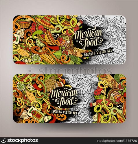 Cartoon colorful vector hand drawn doodles mexican cuisine corporate identity. 2 Horizontal banners design. Templates set. Cartoon mexican food doodles banners