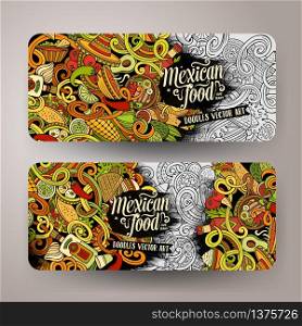 Cartoon colorful vector hand drawn doodles mexican cuisine corporate identity. 2 Horizontal banners design. Templates set. Cartoon mexican food doodles banners