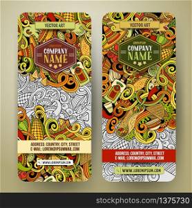 Cartoon colorful vector hand drawn doodles mexican cuisine corporate identity. 2 vertical banners design. Templates set. Cartoon mexican food doodles banners